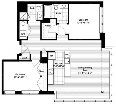 Floor plan for 2 beds, 2 baths, 1209 sqft